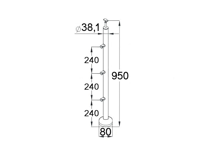 Стойка Inoxstore круглая Ø 38,1х950 мм, с 3-я ригелями, сатинированная, AISI 304