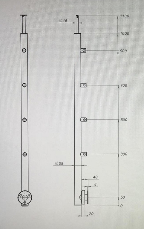 Стойка Inoxstore круглая Ø 38,1х1100 мм, на 4 ригеля, боковое крепление, полированная, AISI 304