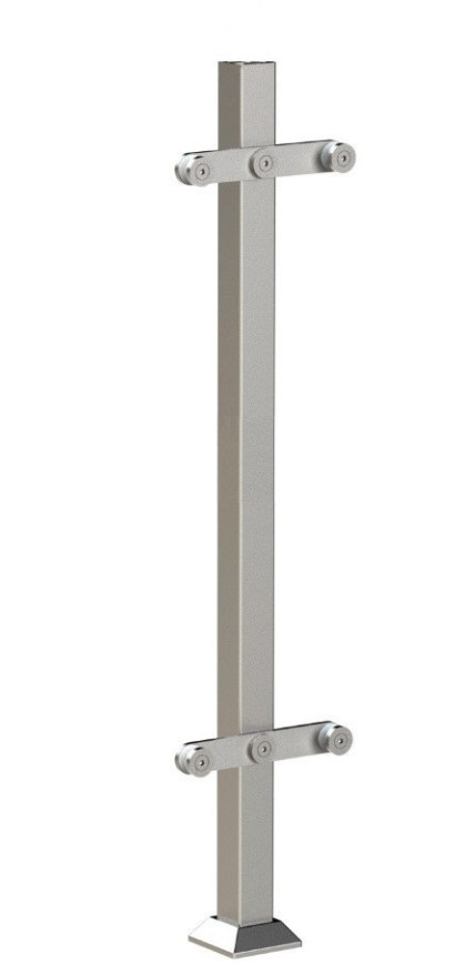 Стойка Inoxstore квадратная 40х40х800 мм, с пластинчатыми стеклодержателями (двухсторонняя), без поручня, полированная, AISI 304