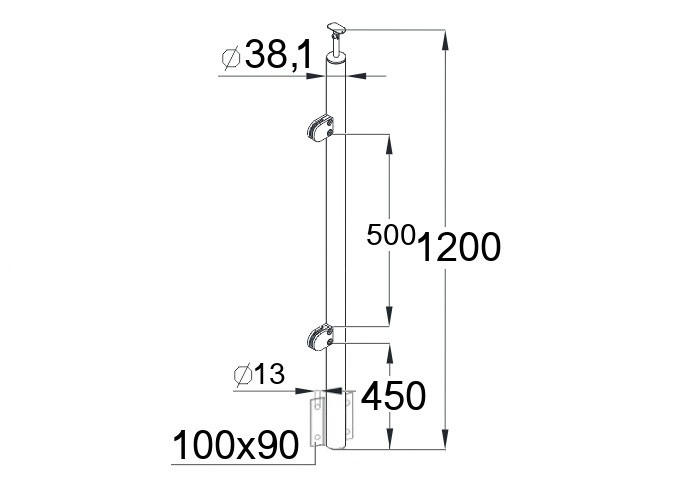 Стойка Inoxstore круглая Ø 38,1х1200 мм, с 2-я штампованными стеклодержателями (L - крепление), с боковым креплением, полированная, AISI 304
